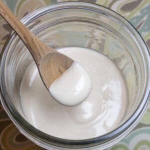 oil-free plant-based mayonnaise in wooden spoon over jar